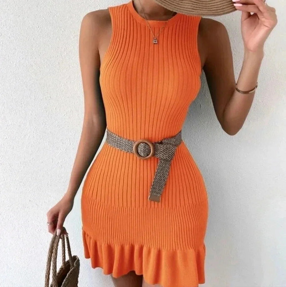 Ruffle Hem RibbedKnit Sweater Dress Without Belt - Picture 1 of 6